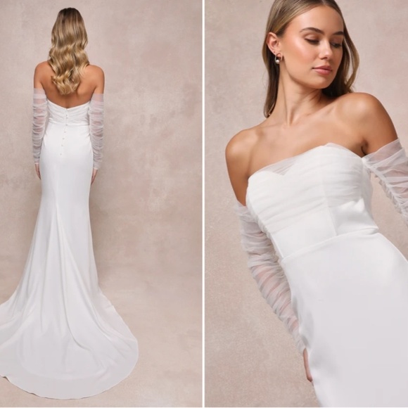 LULU's Elegant Sophisticated Sexy Mesh Off-the-Shoulder Long Sleeve Bridal Gown - Picture 5 of 6